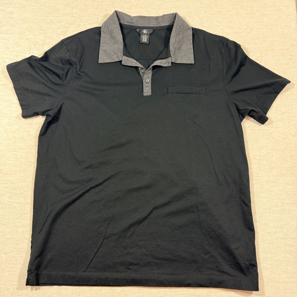 Calvin Klein Polo Shirt Mens Large Black Good Contrast Collar Cotton 0479